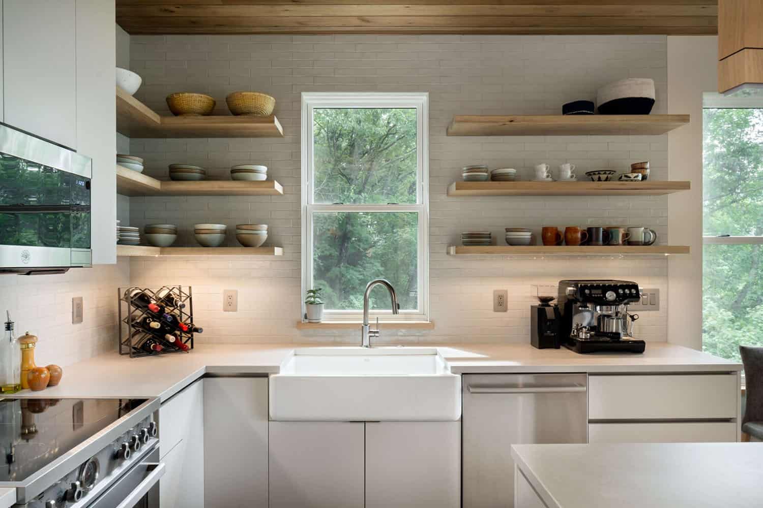 contemporary kitchen with floating shelves