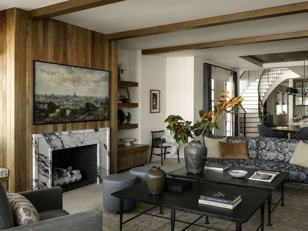 Inside a waterfront Newport Beach house with a modern English-country vibe