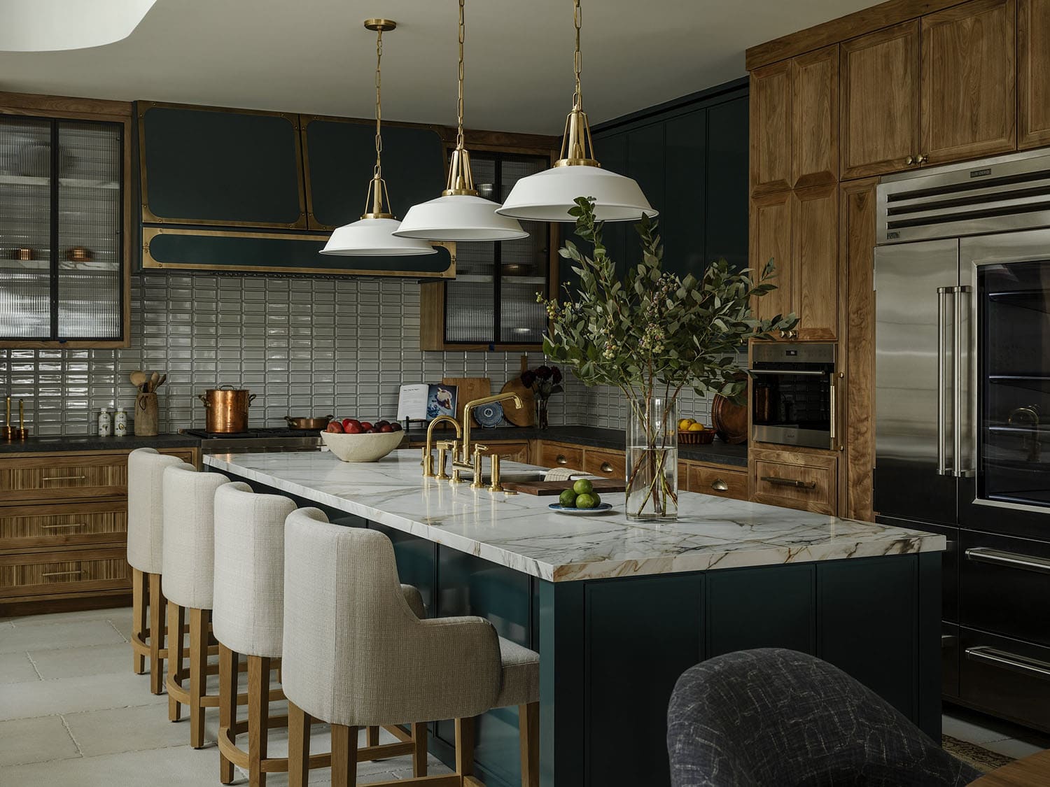 contemporary kitchen with large pendant lights