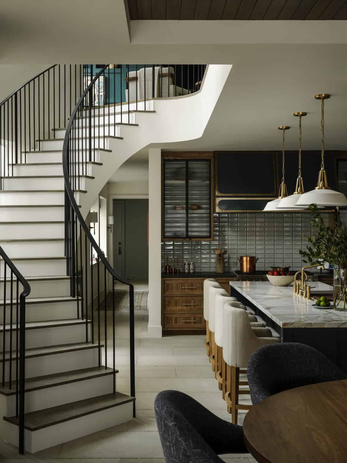 Inside a waterfront Newport Beach house with a modern English-country vibe