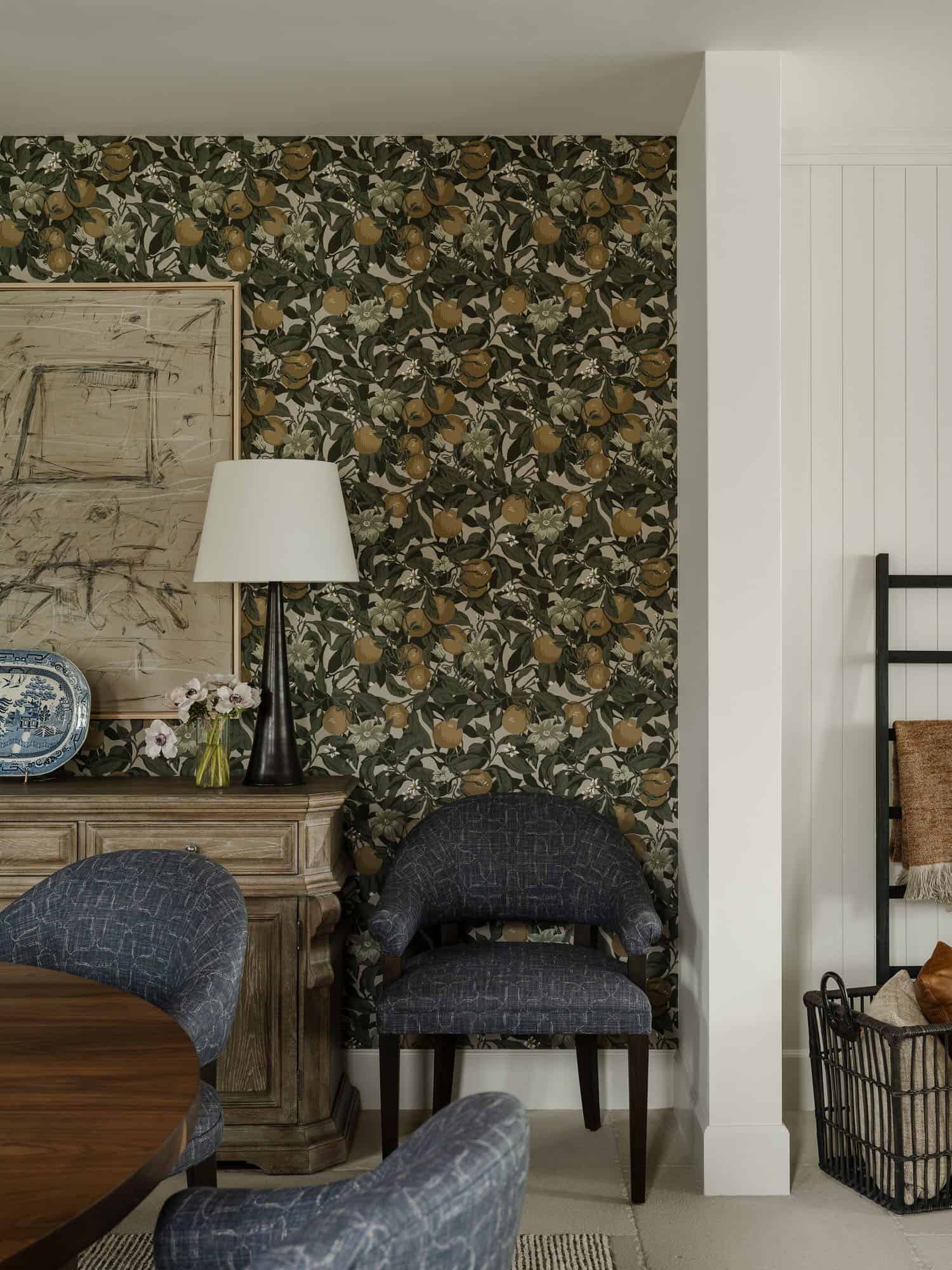 contemporary dining room with wallpaper