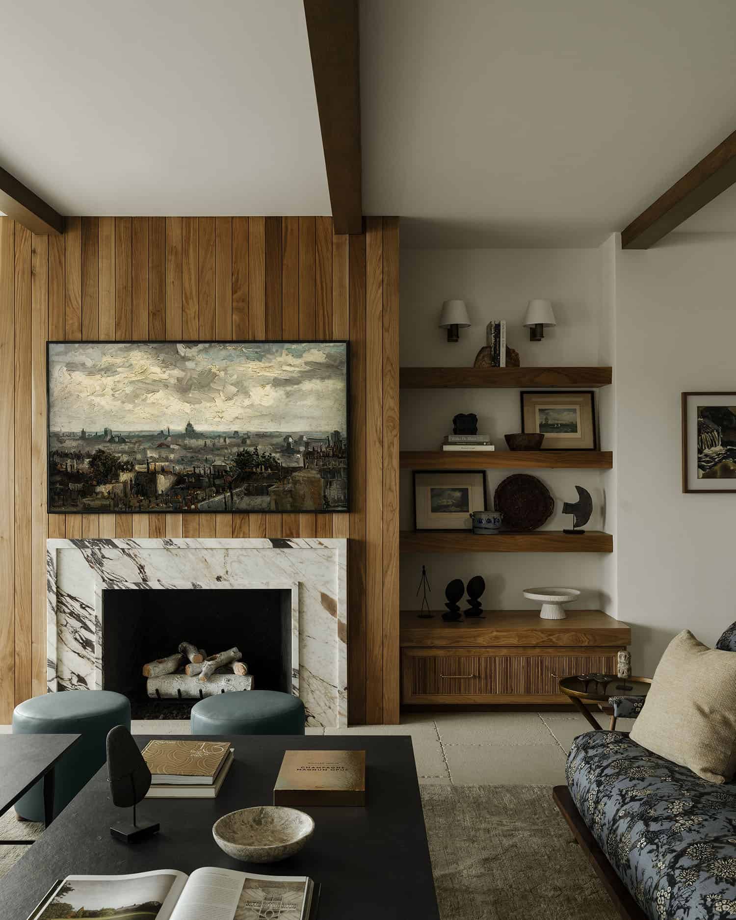 contemporary living room with a fireplace