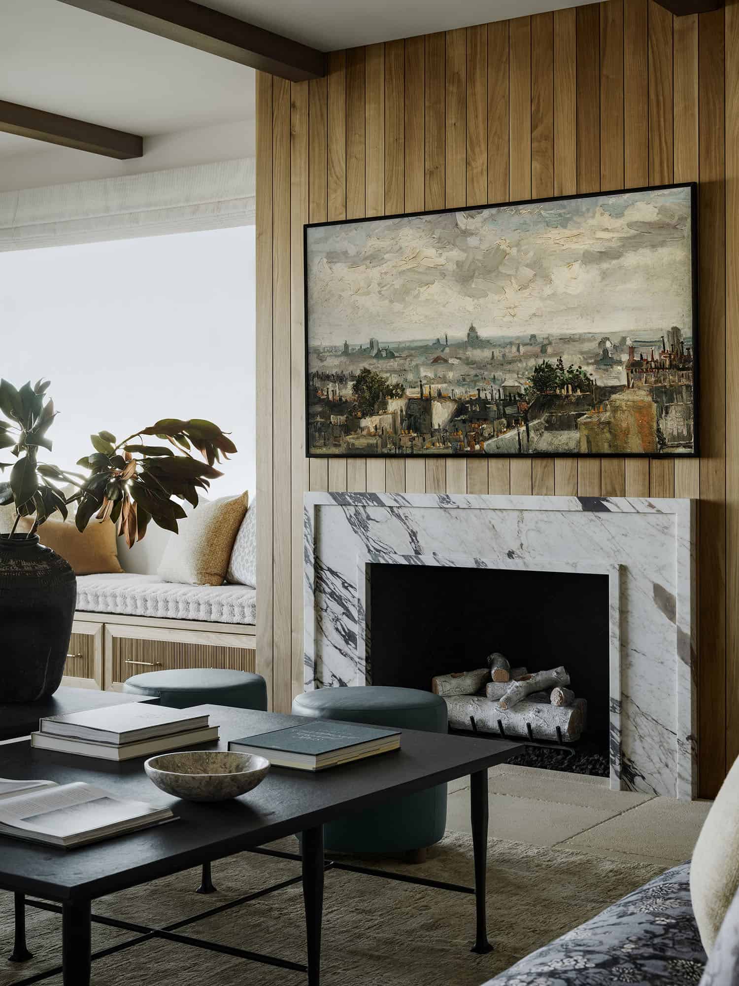 contemporary living room with a fireplace
