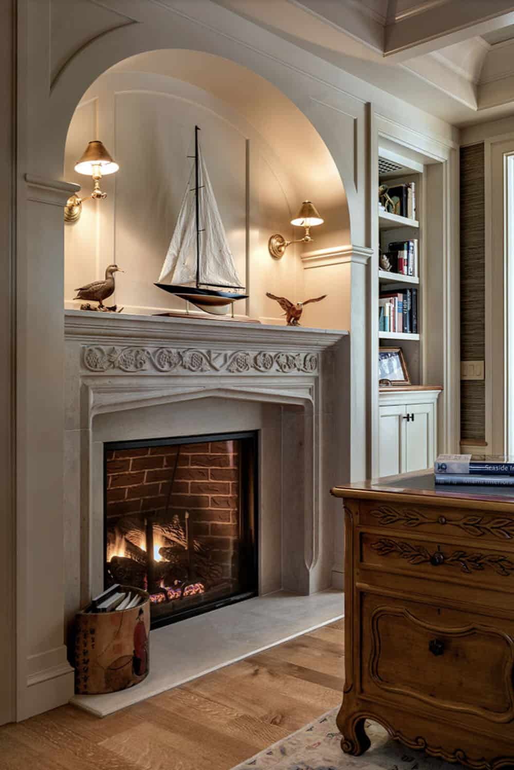 traditional style home office with a fireplace