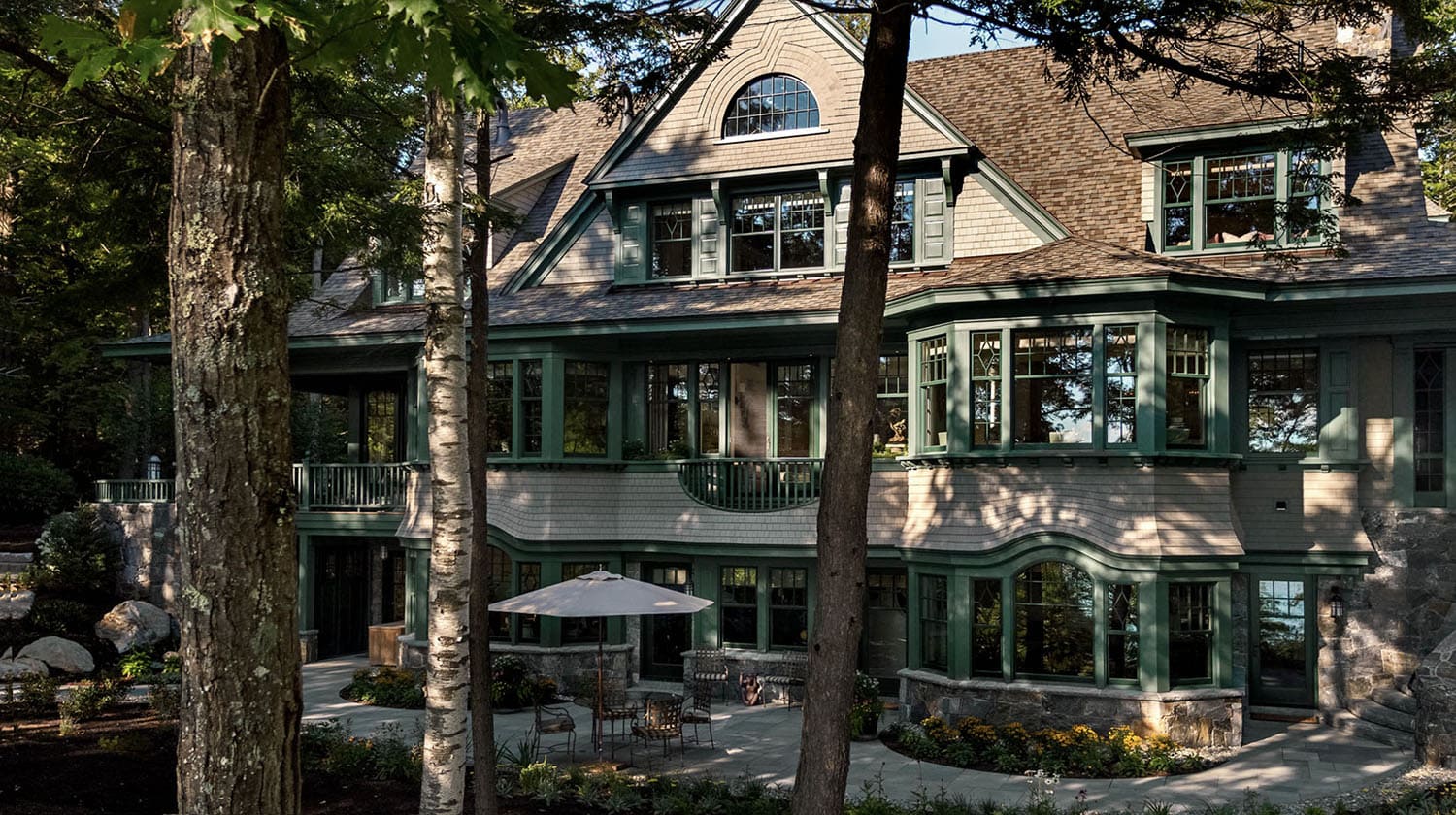 traditional style lake house exterior