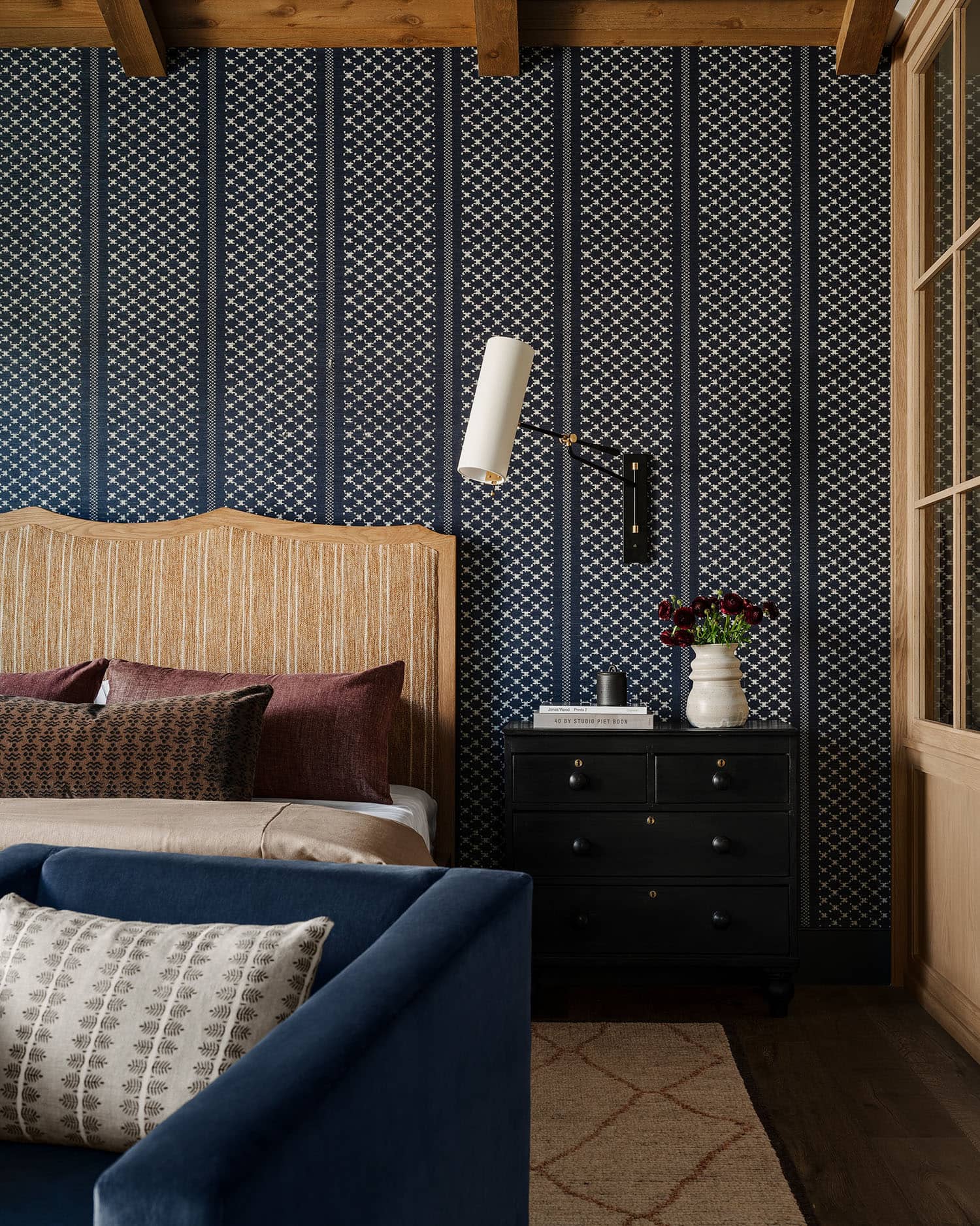 farmhouse style bedroom with wallpaper
