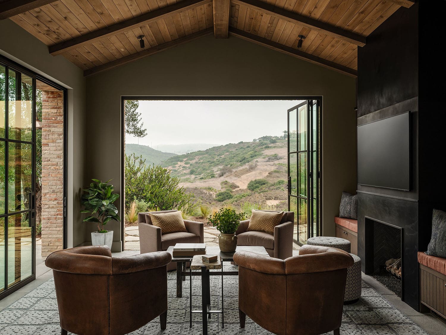 farmhouse style family room with sliding glass doors