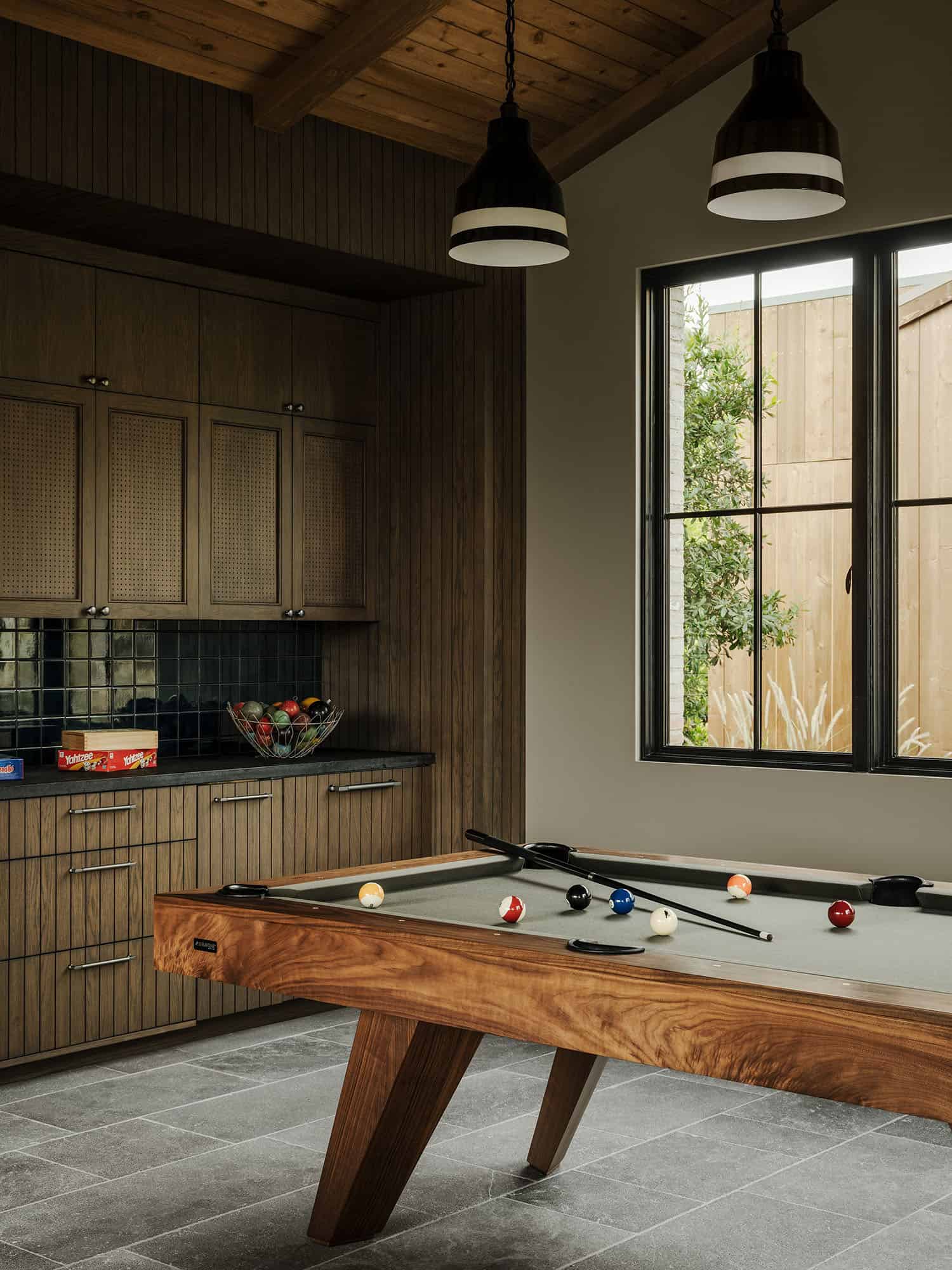farmhouse style family room with a pool table