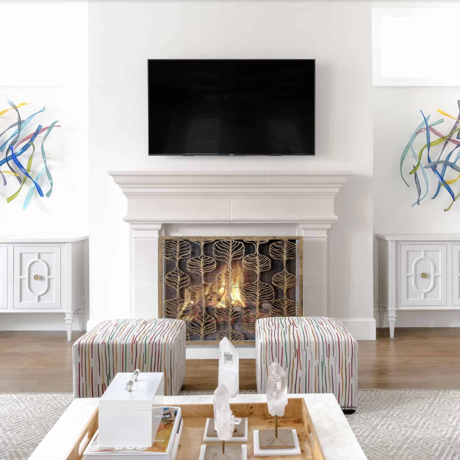 Beach Style Family Room with a fireplace