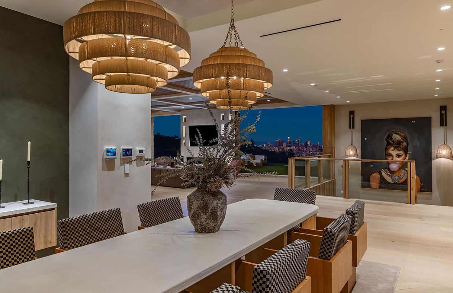 modern dining room with large chandeliers