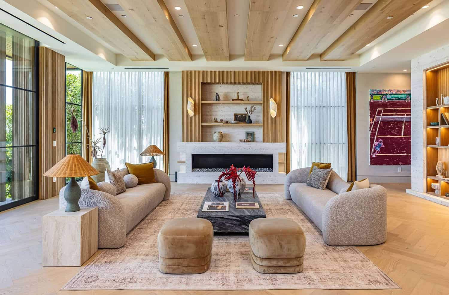 modern family room with a fireplace
