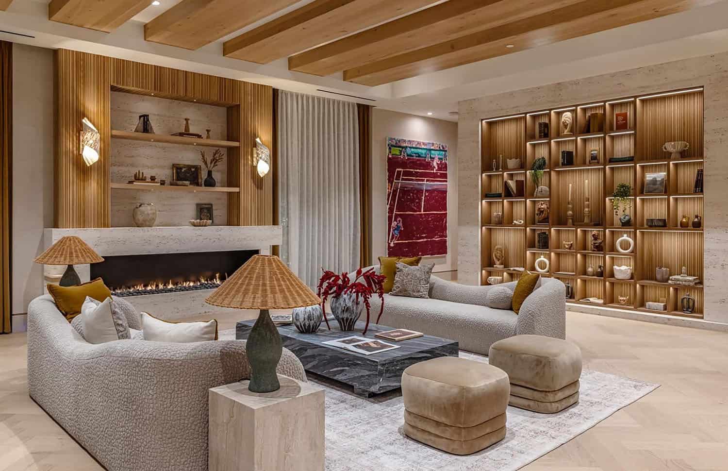 modern family room with a fireplace