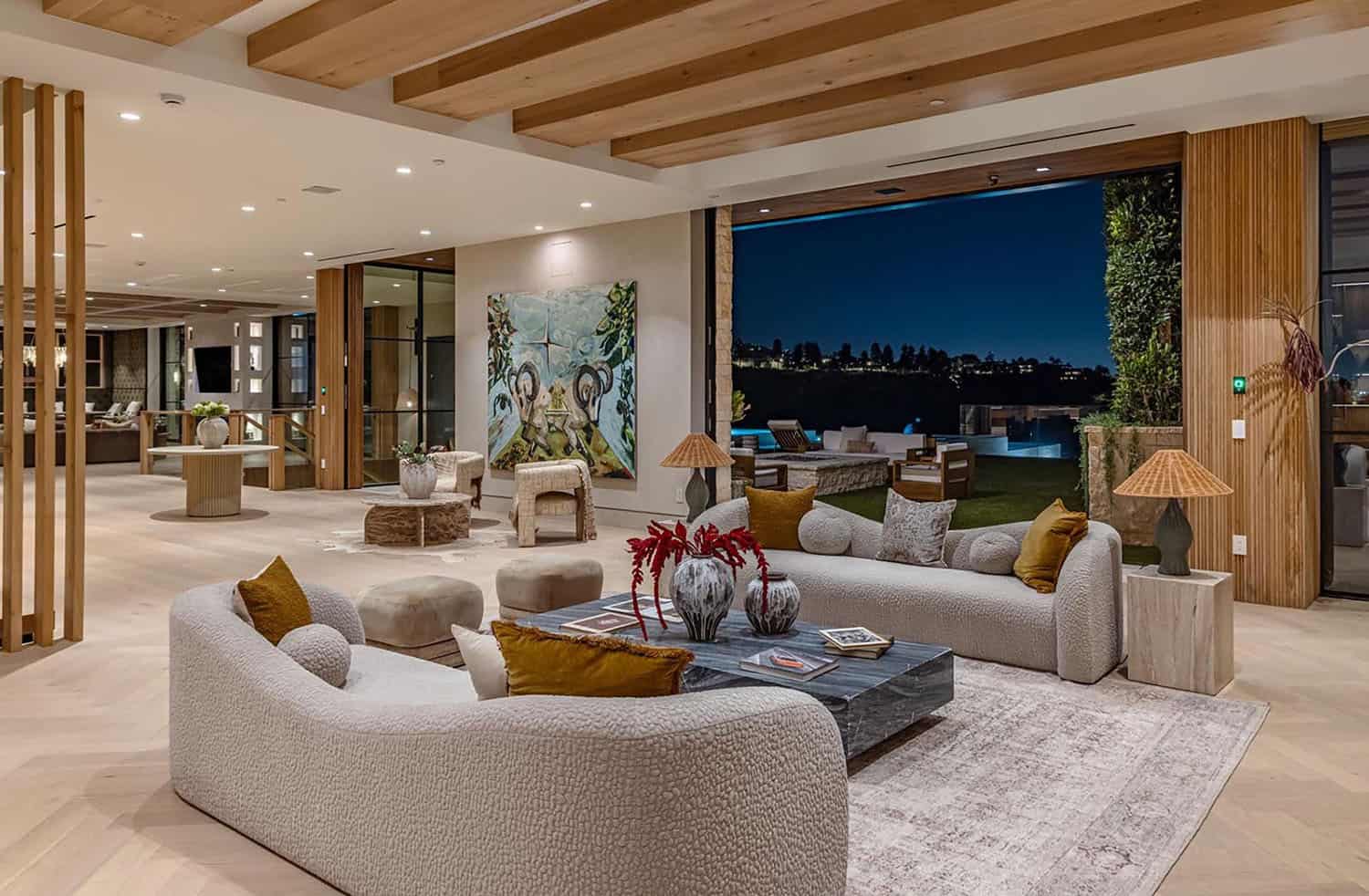 modern family room with sliding glass doors