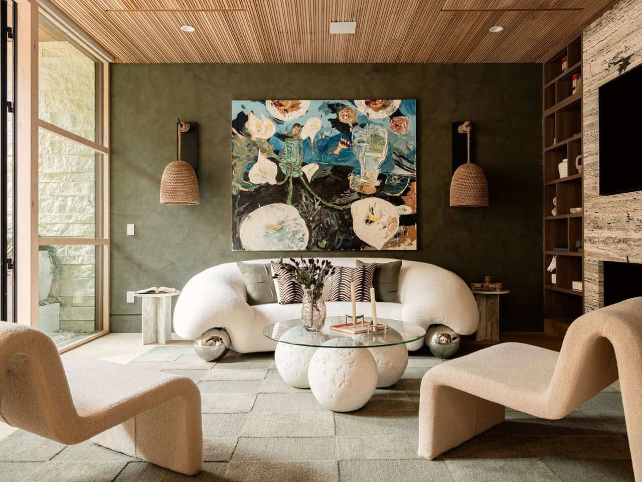 modern lounge room with wall sconces