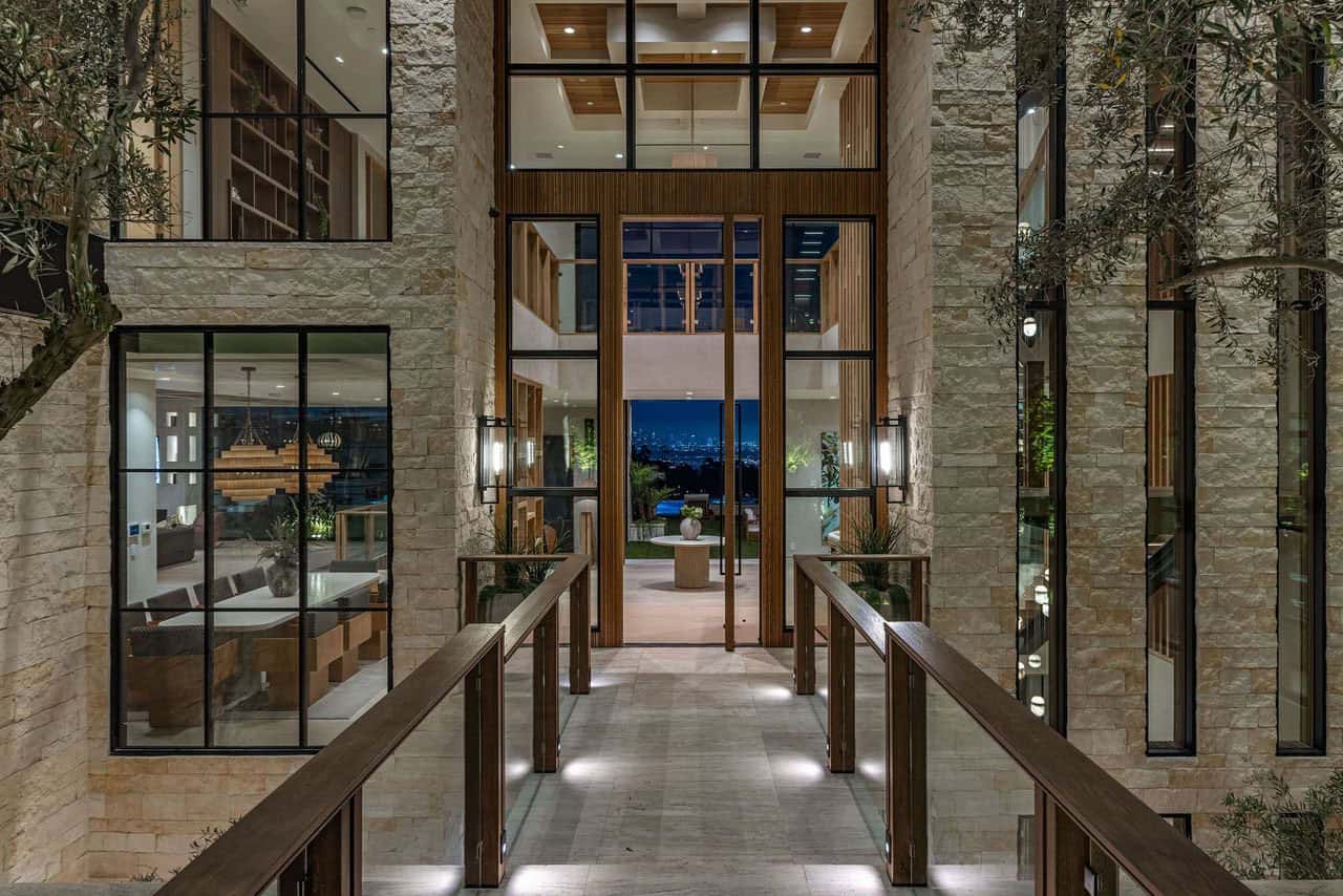 hillside home exterior entry at dusk