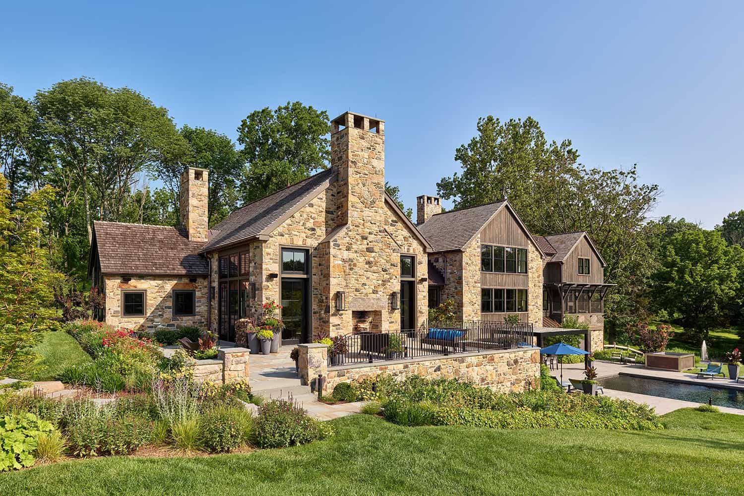 contemporary farmhouse home exterior backyard view