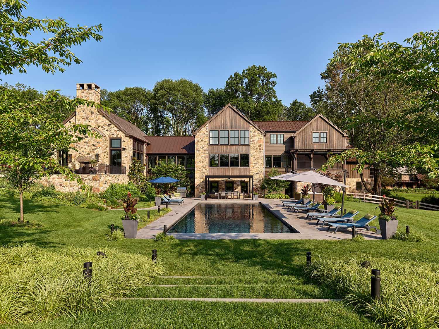 contemporary farmhouse home exterior backyard view with a pool