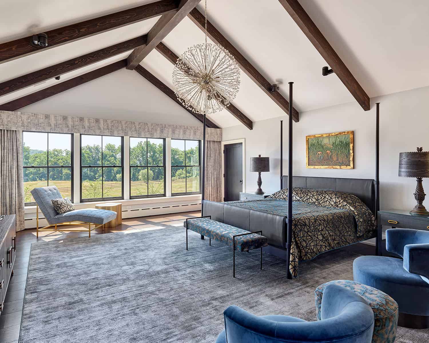 contemporary farmhouse style bedroom with a large window