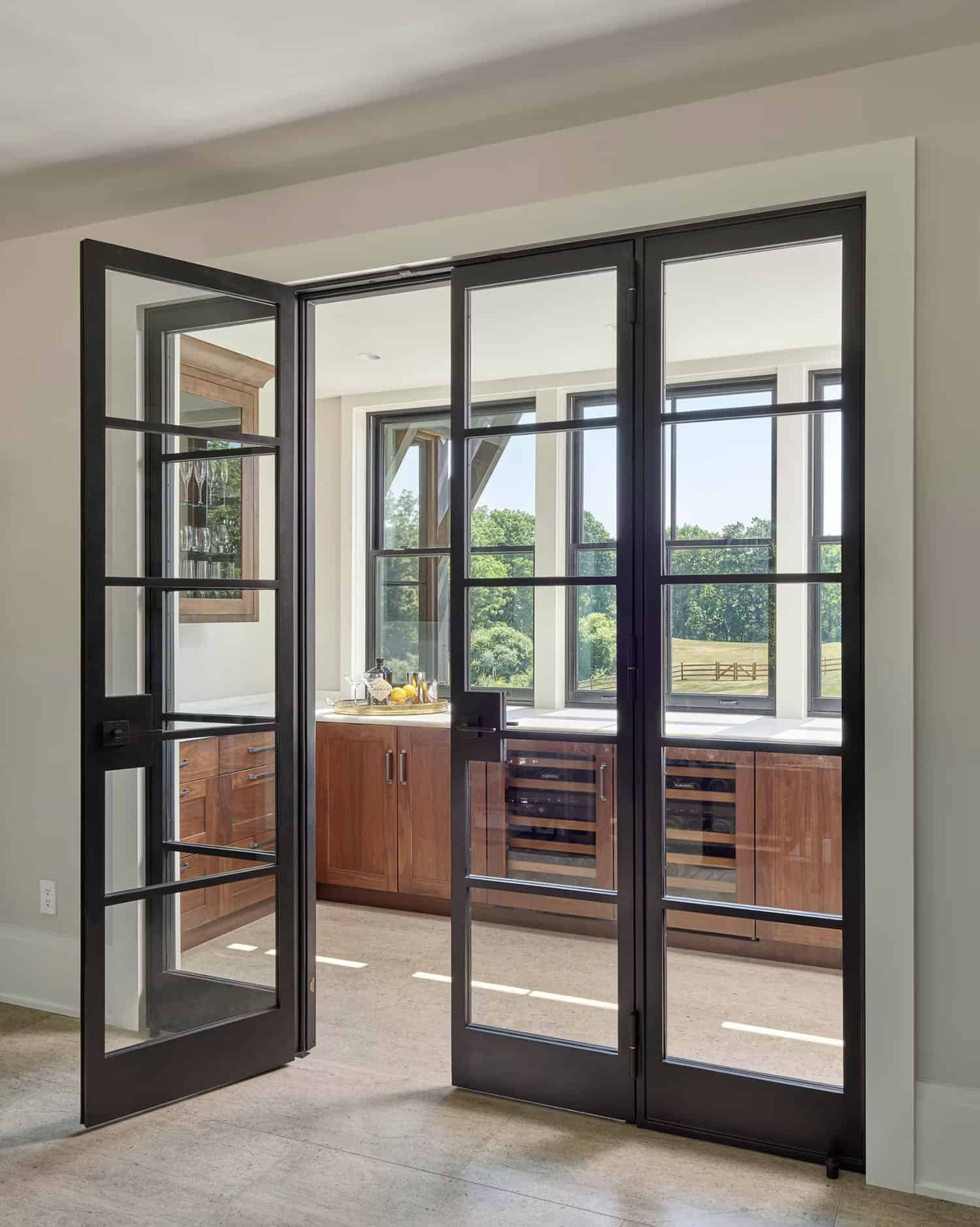 contemporary farmhouse style pantry with glass and metal doors
