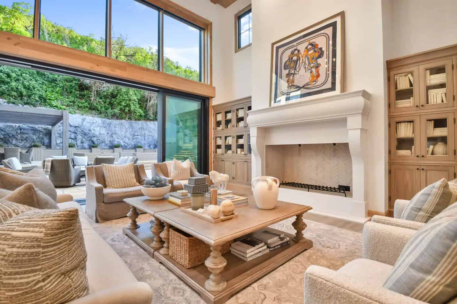 contemporary french country living room with a fireplace