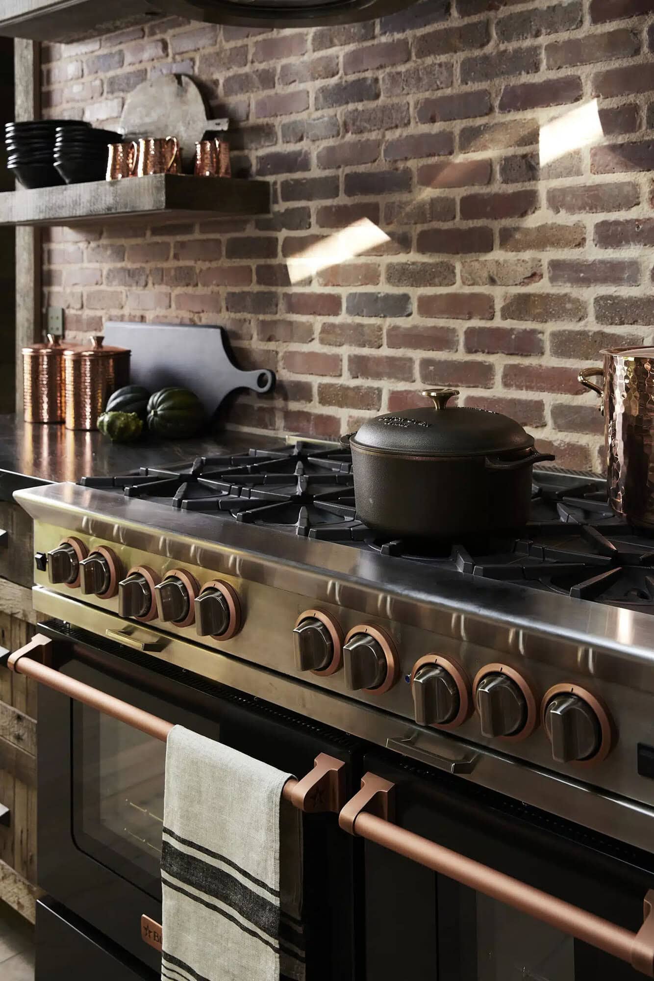 rustic speakeasy-style kitchen range wall