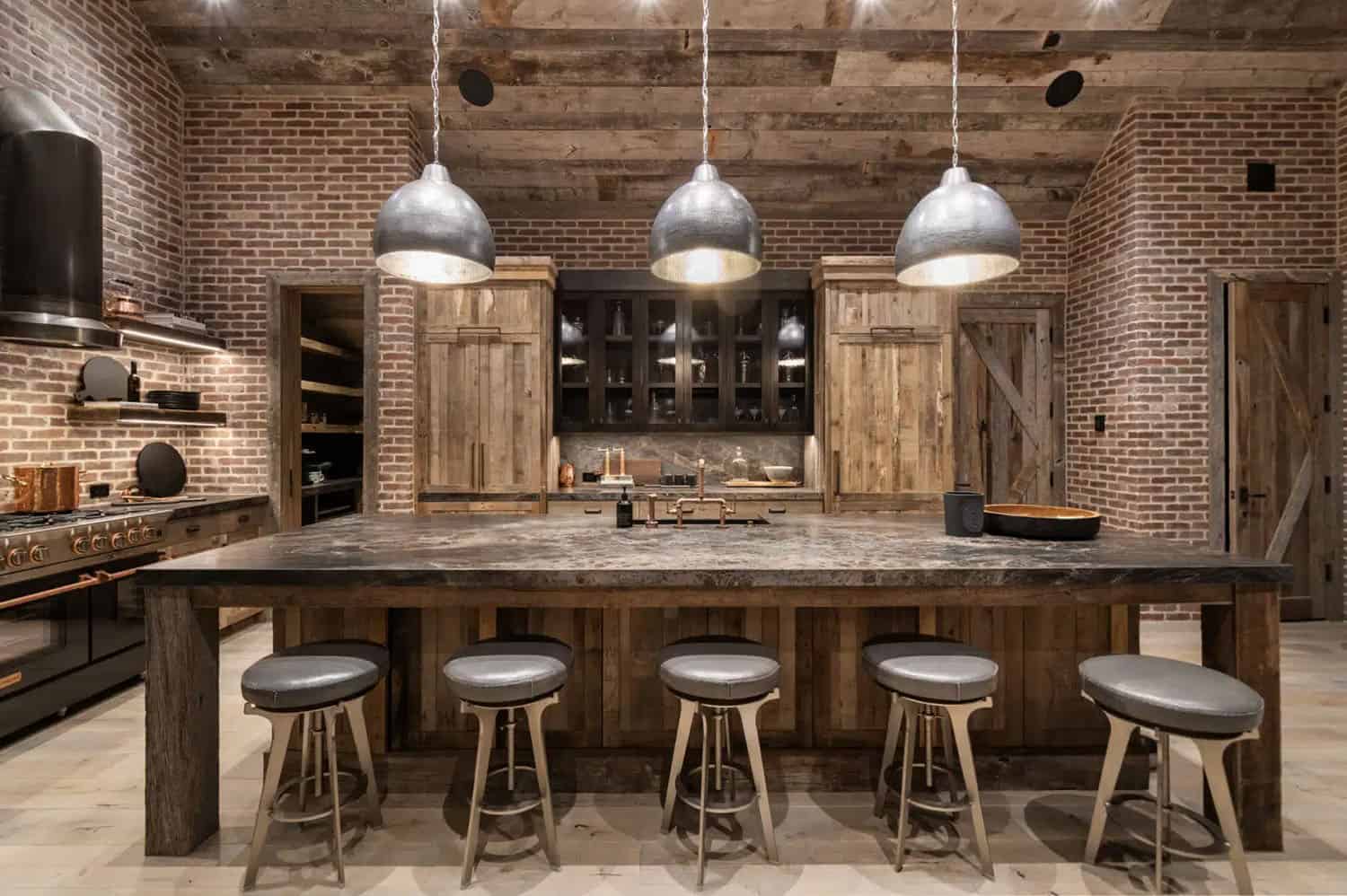 rustic speakeasy-style kitchen with large pendant lights