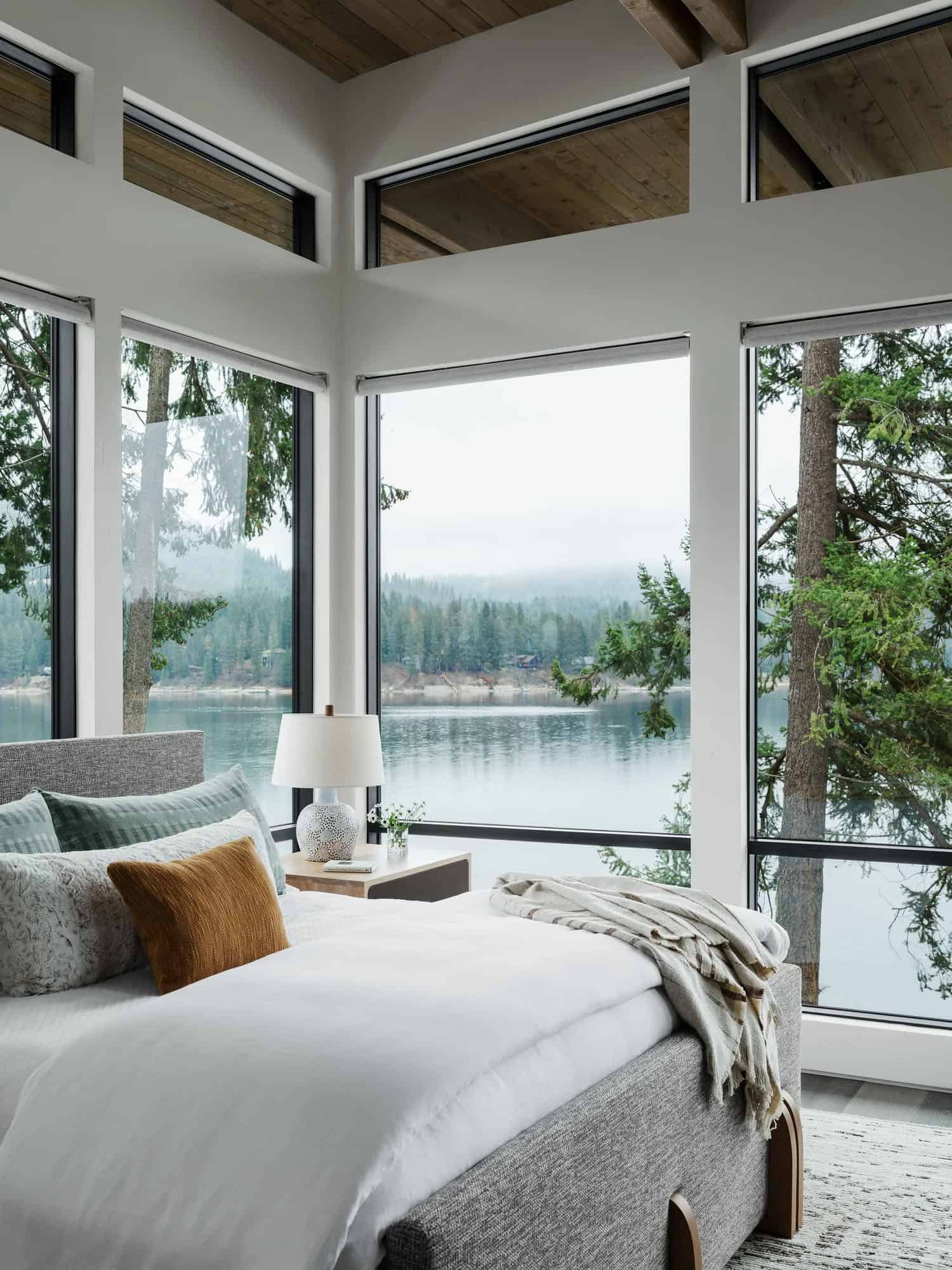 contemporary bedroom with lake views
