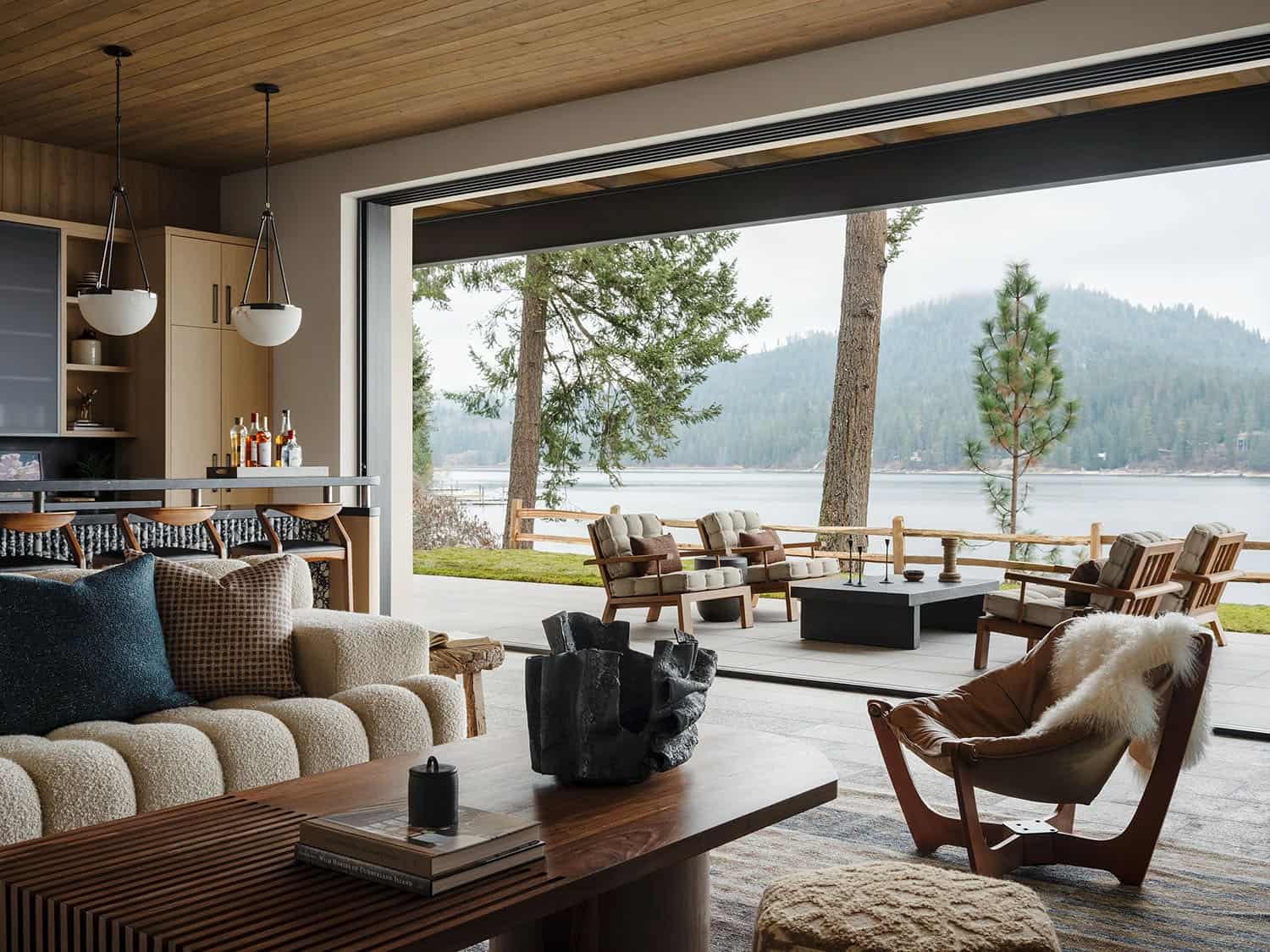 contemporary family room with lake views