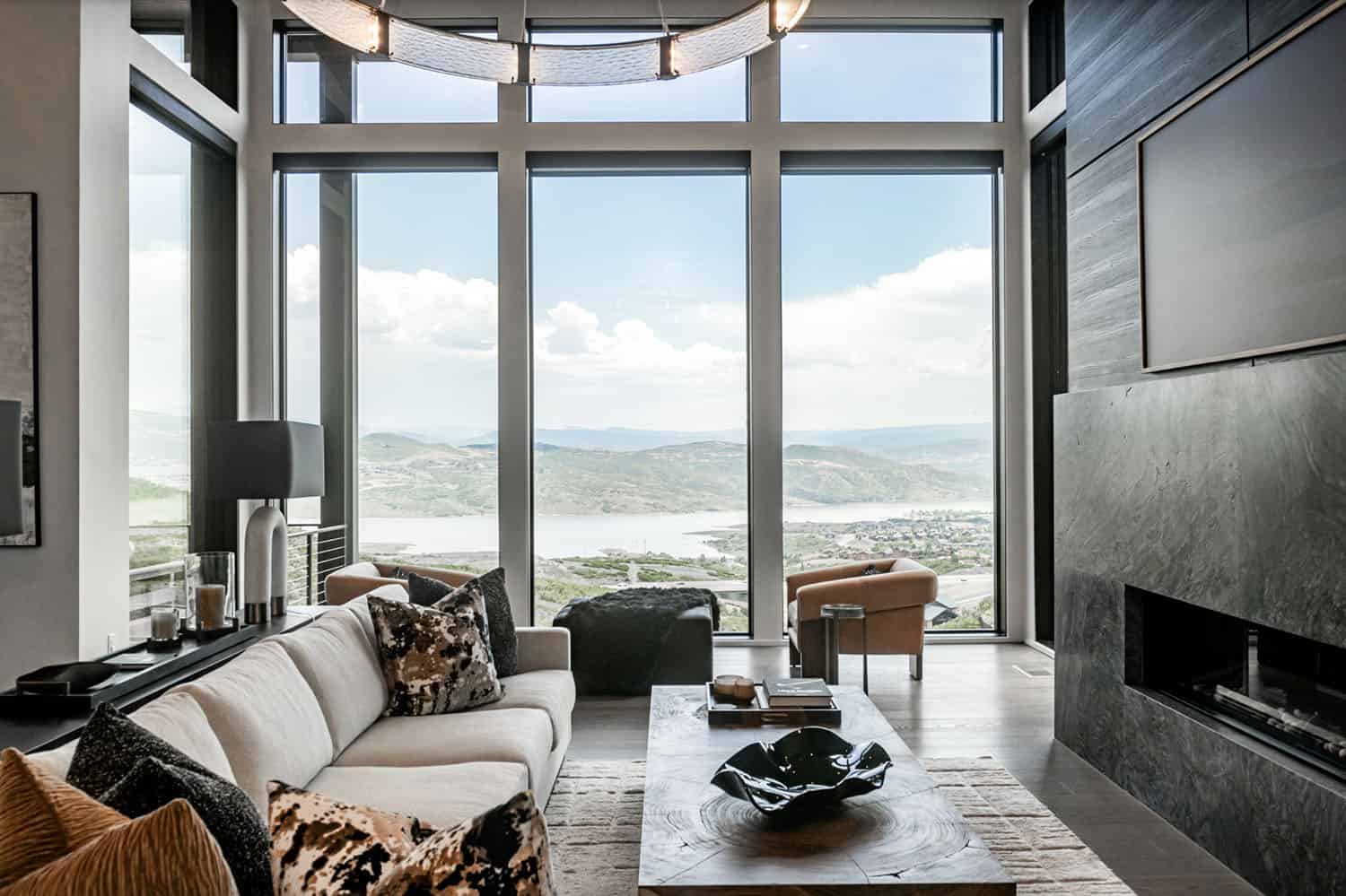 contemporary living room with floor-to-ceiling windows