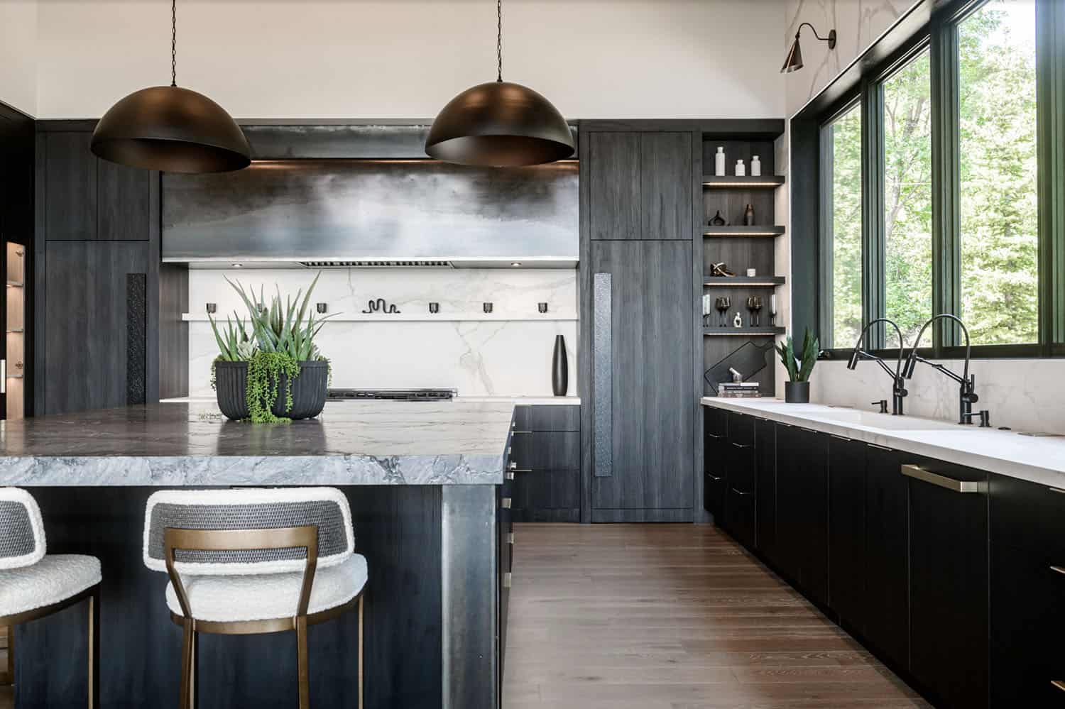 contemporary kitchen with large pendant lights