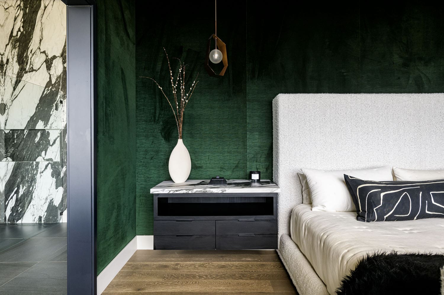 contemporary bedroom with green walls