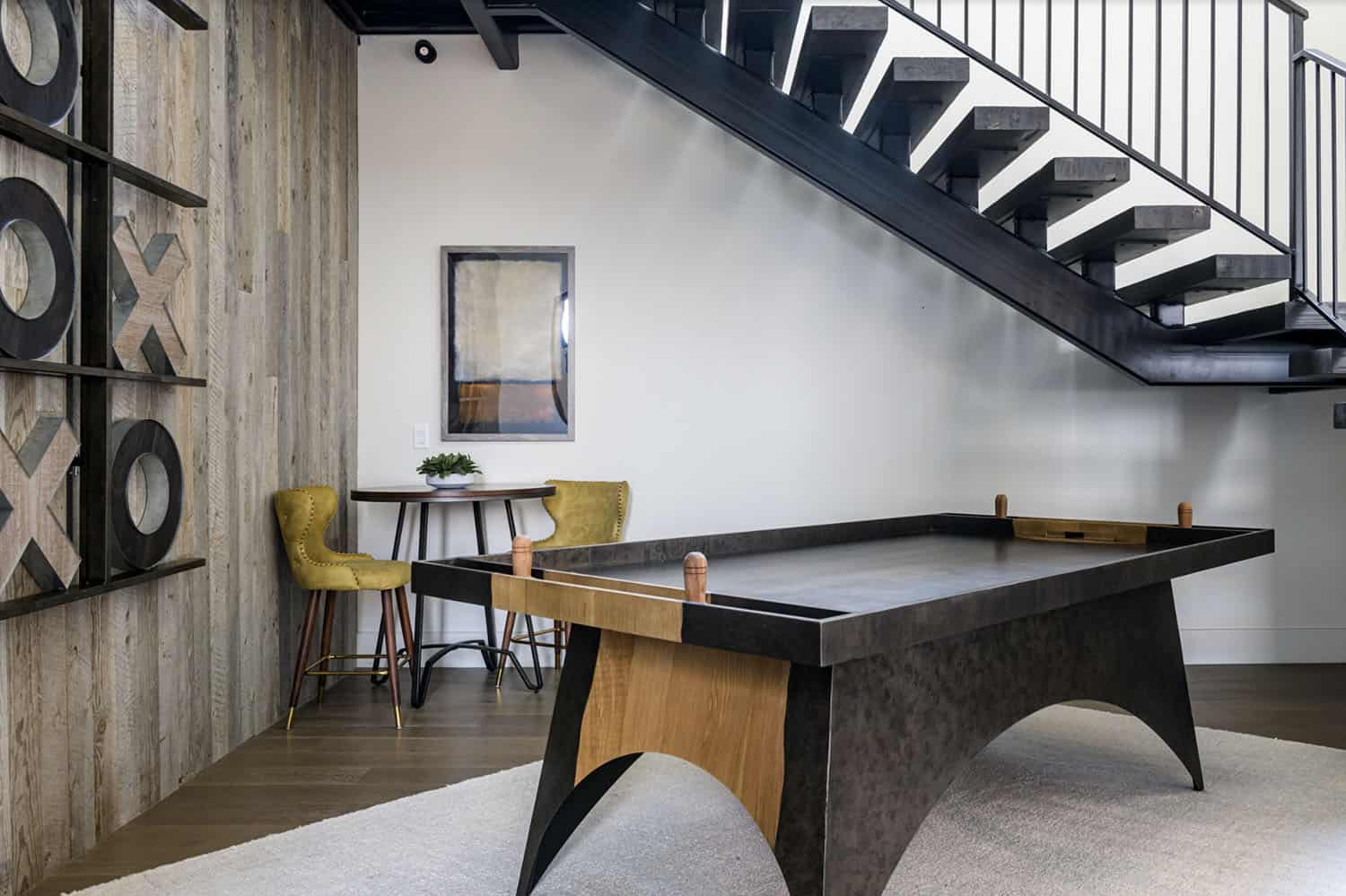 contemporary family room with a pool table