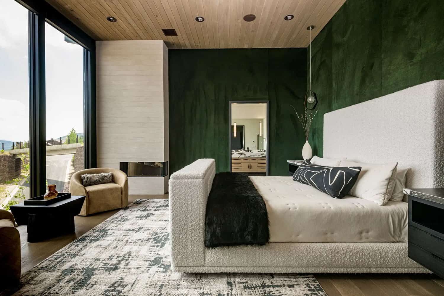 contemporary bedroom with green walls
