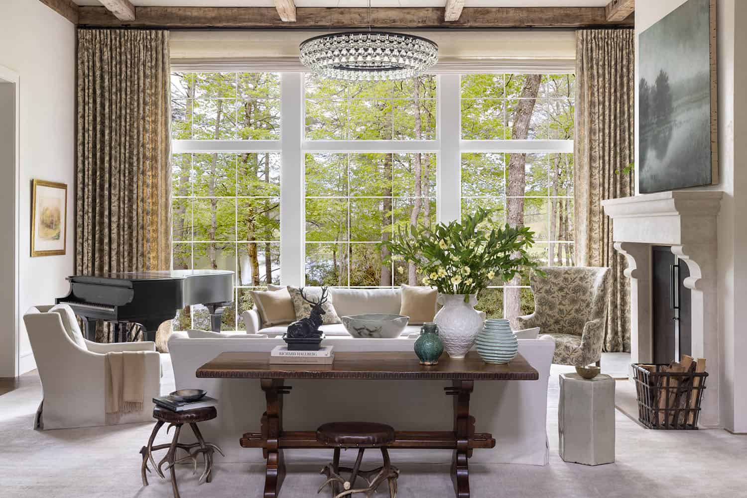 transitional style living room with a large window