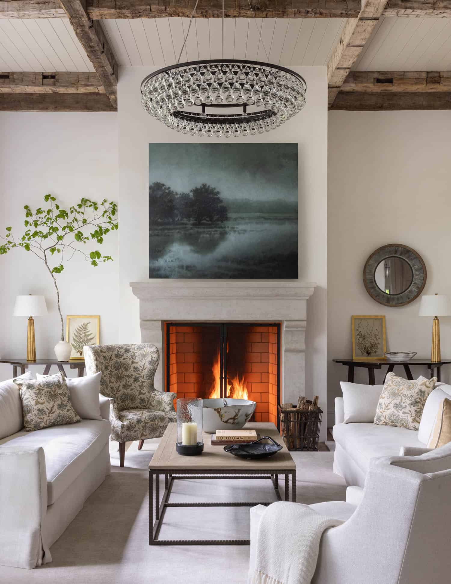 transitional style living room with a fireplace