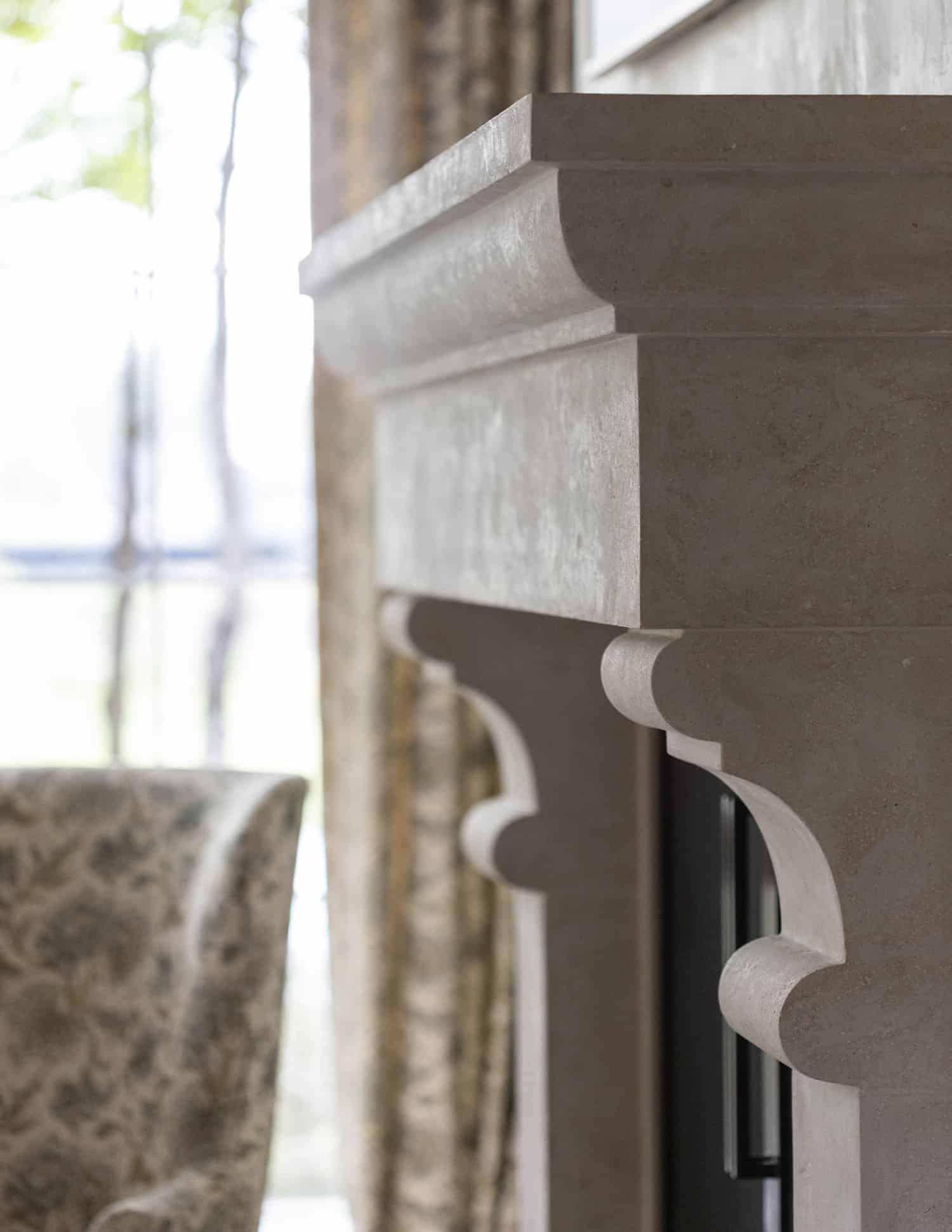 transitional style living room fireplace detail