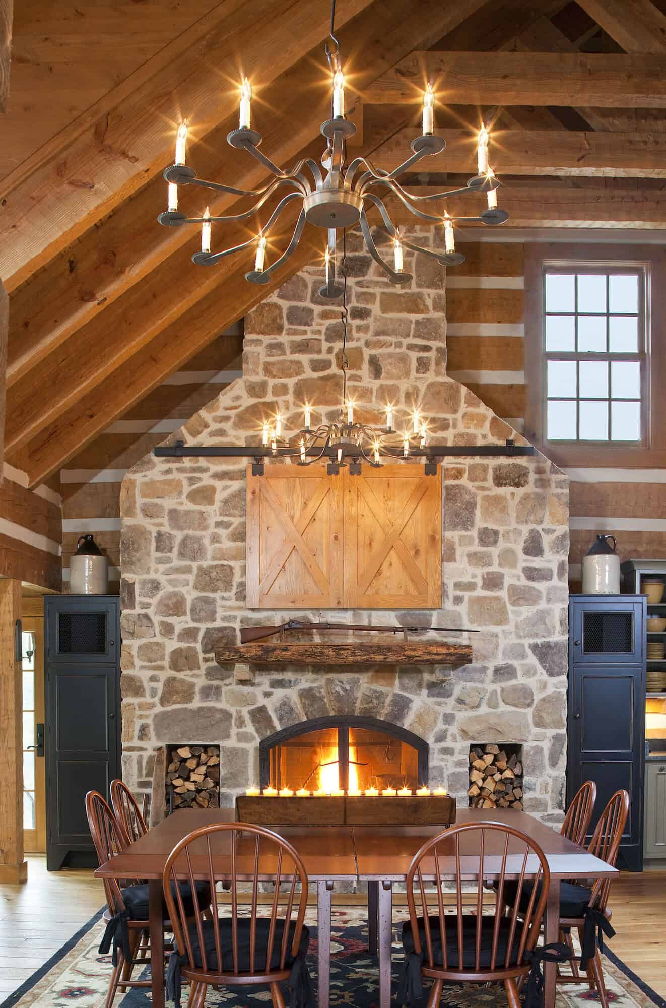 rustic dining room with a fireplace