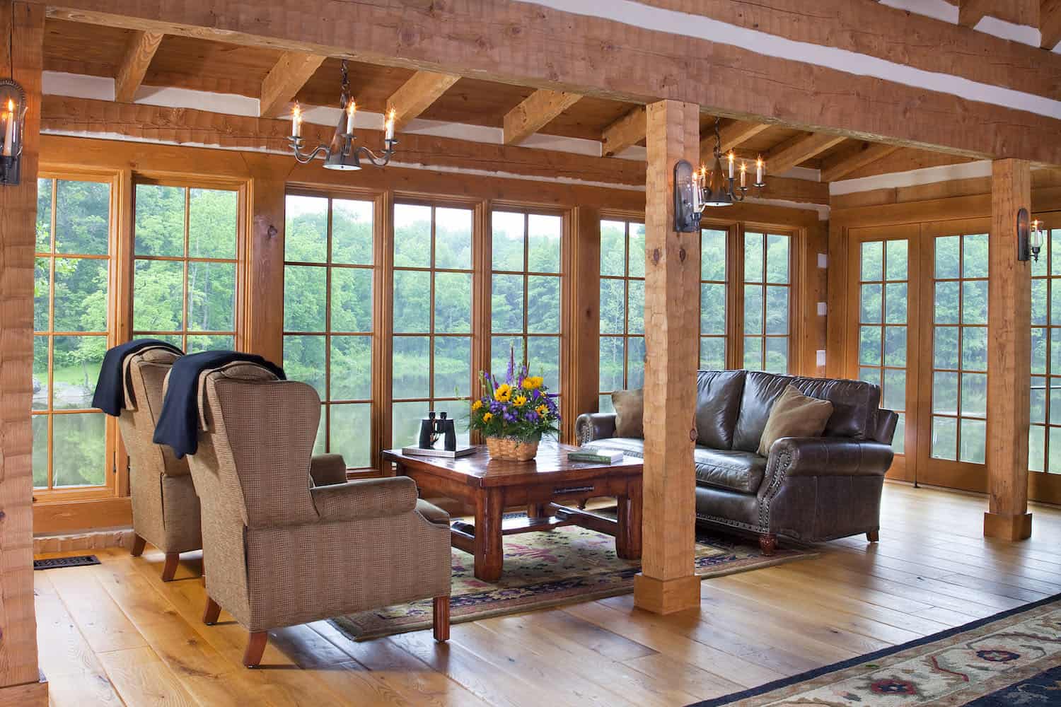 rustic living room with large windows