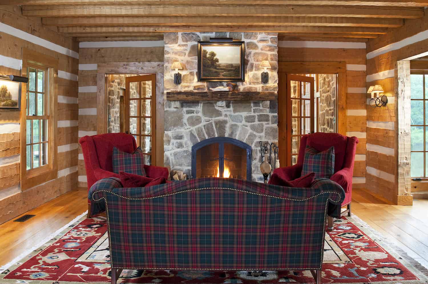 rustic living room with a fireplace