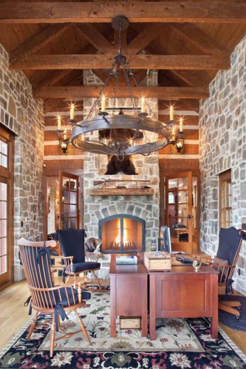 rustic home office with a fireplace