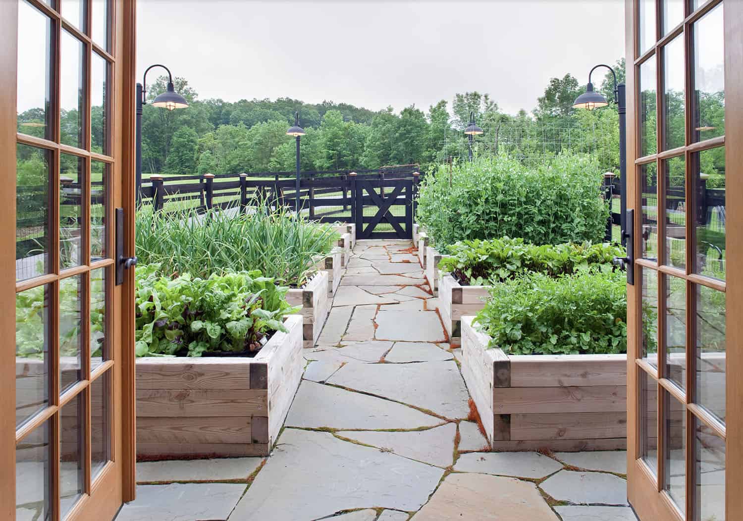 farmhouse landscape with raised planter beds