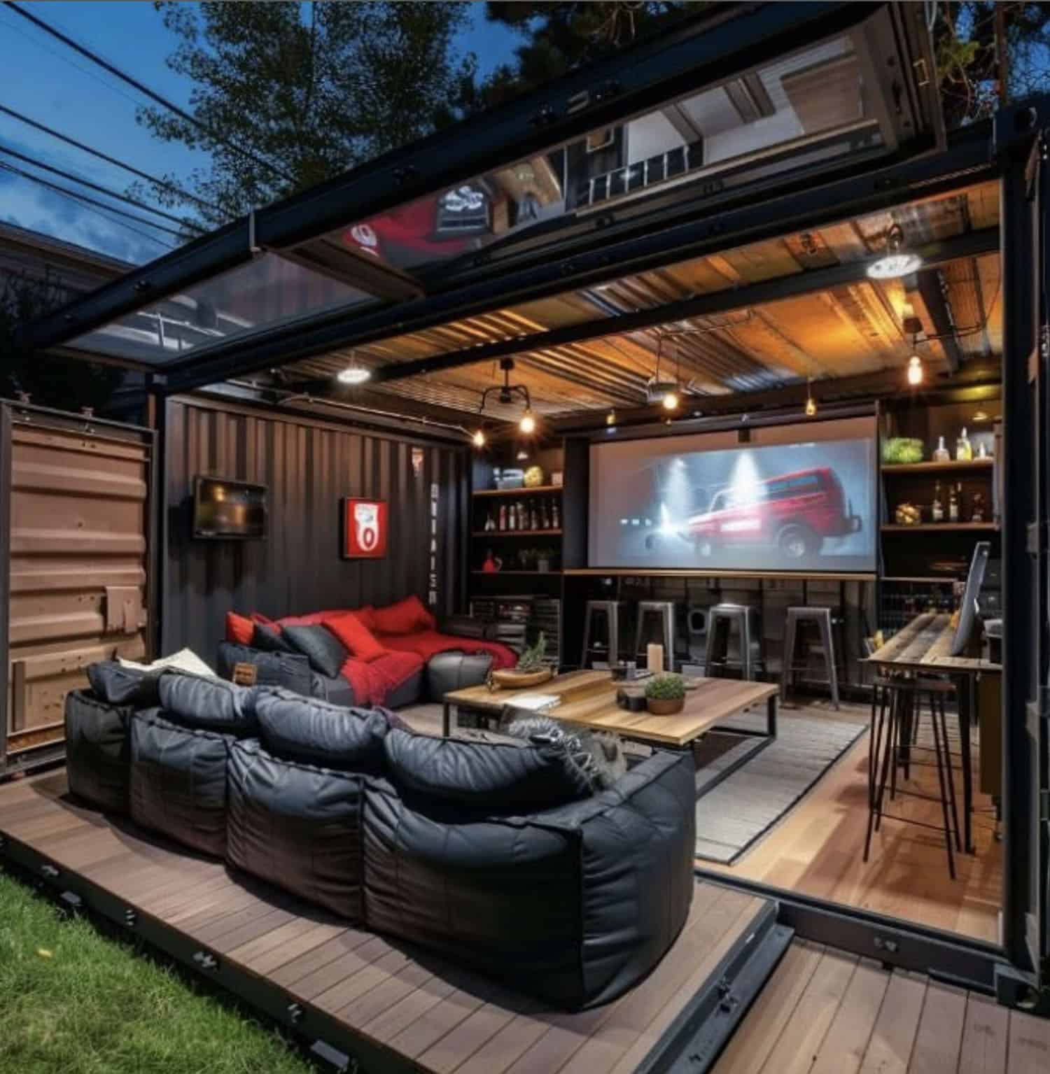 backyard movie theater in a shipping container