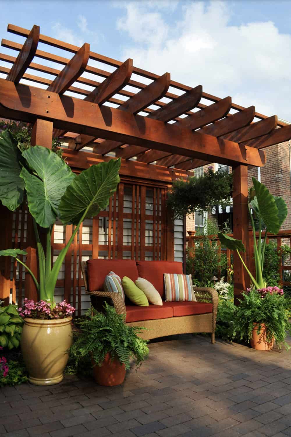 tropical style urban patio with a pergola