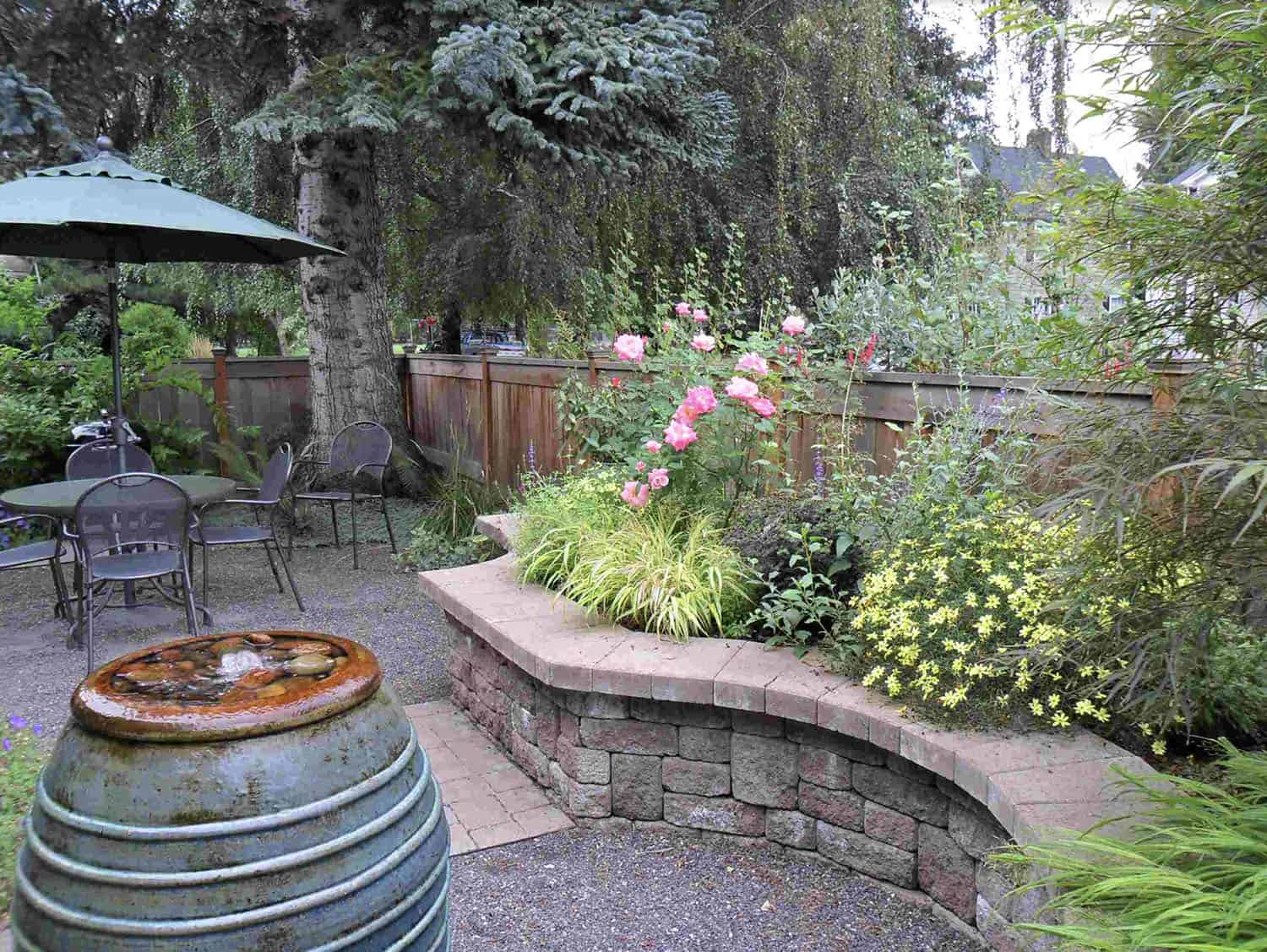 DIY water fountain in a small patio courtyard
