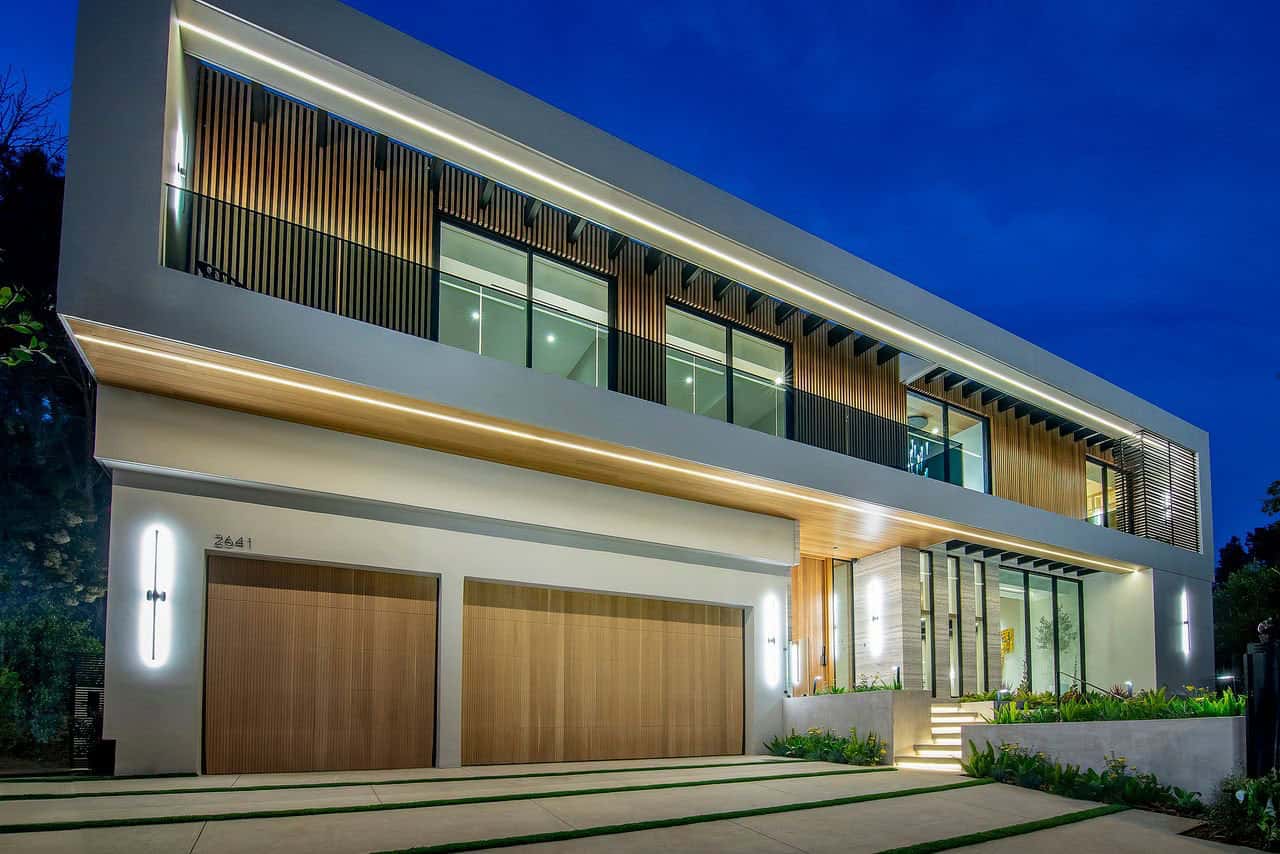 modern home exterior at dusk