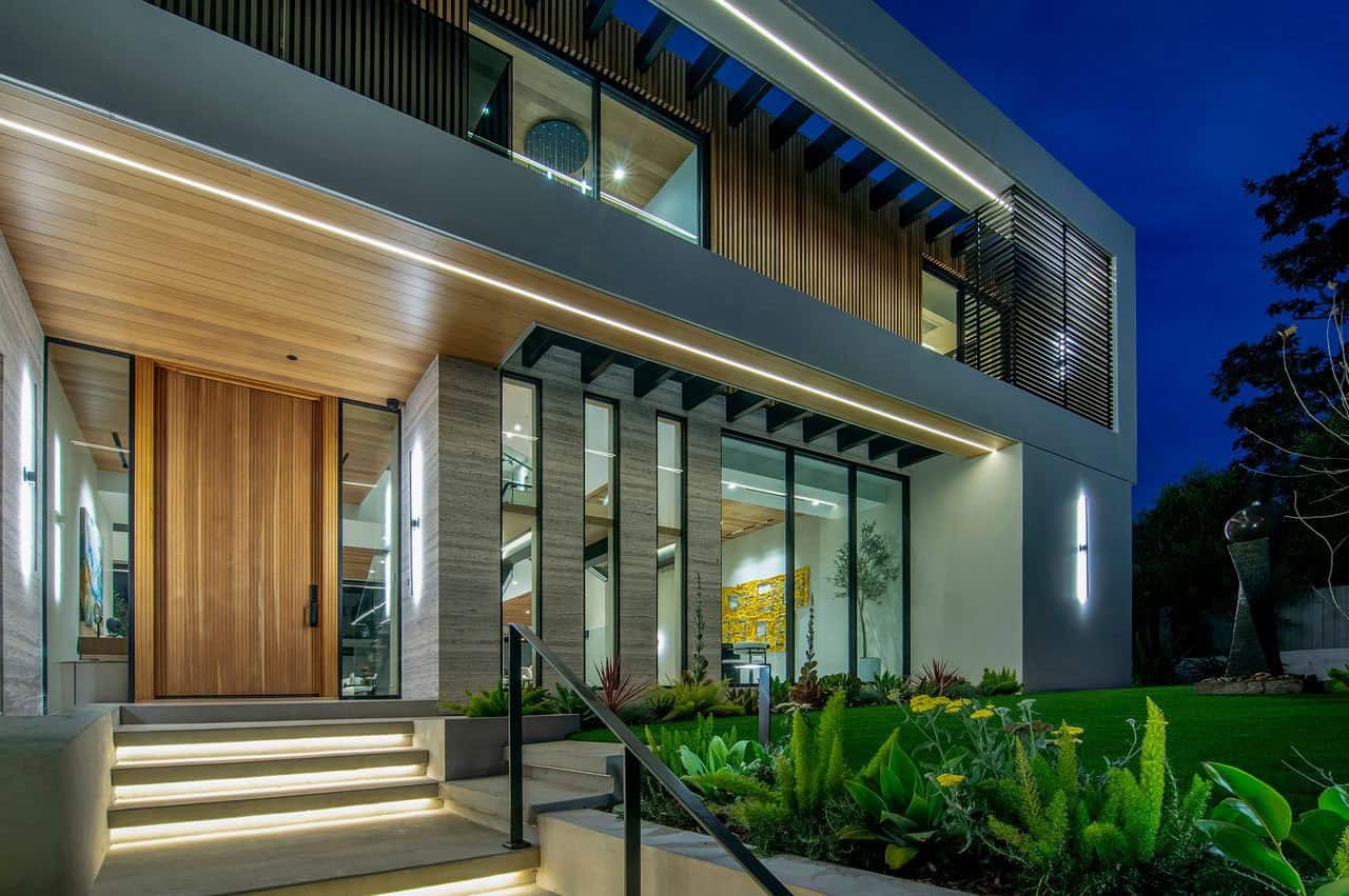 modern home exterior at dusk