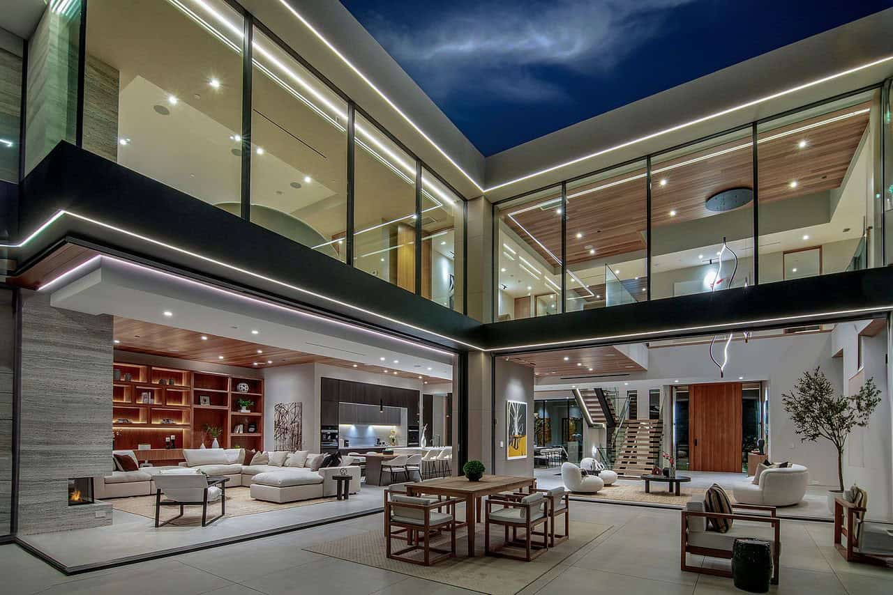 modern home exterior patio at dusk