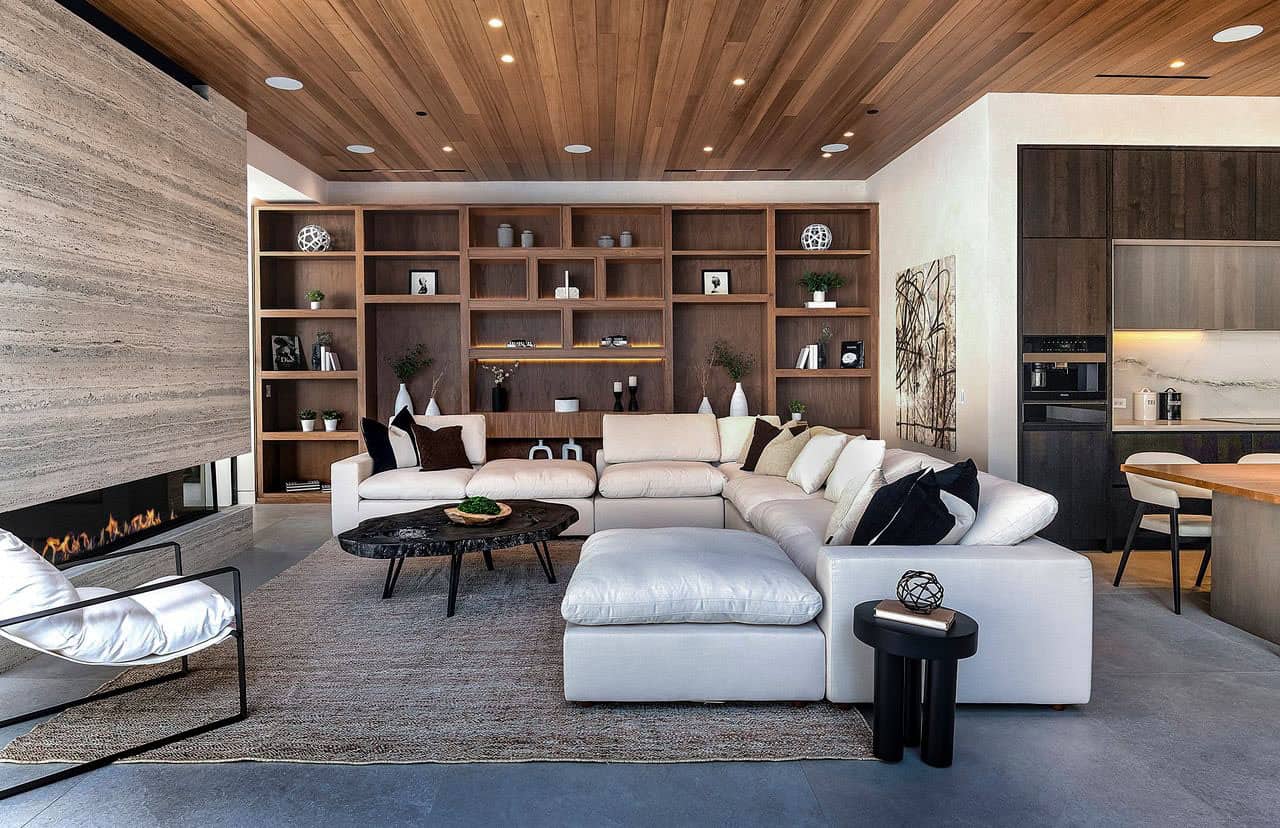 modern family room with a fireplace