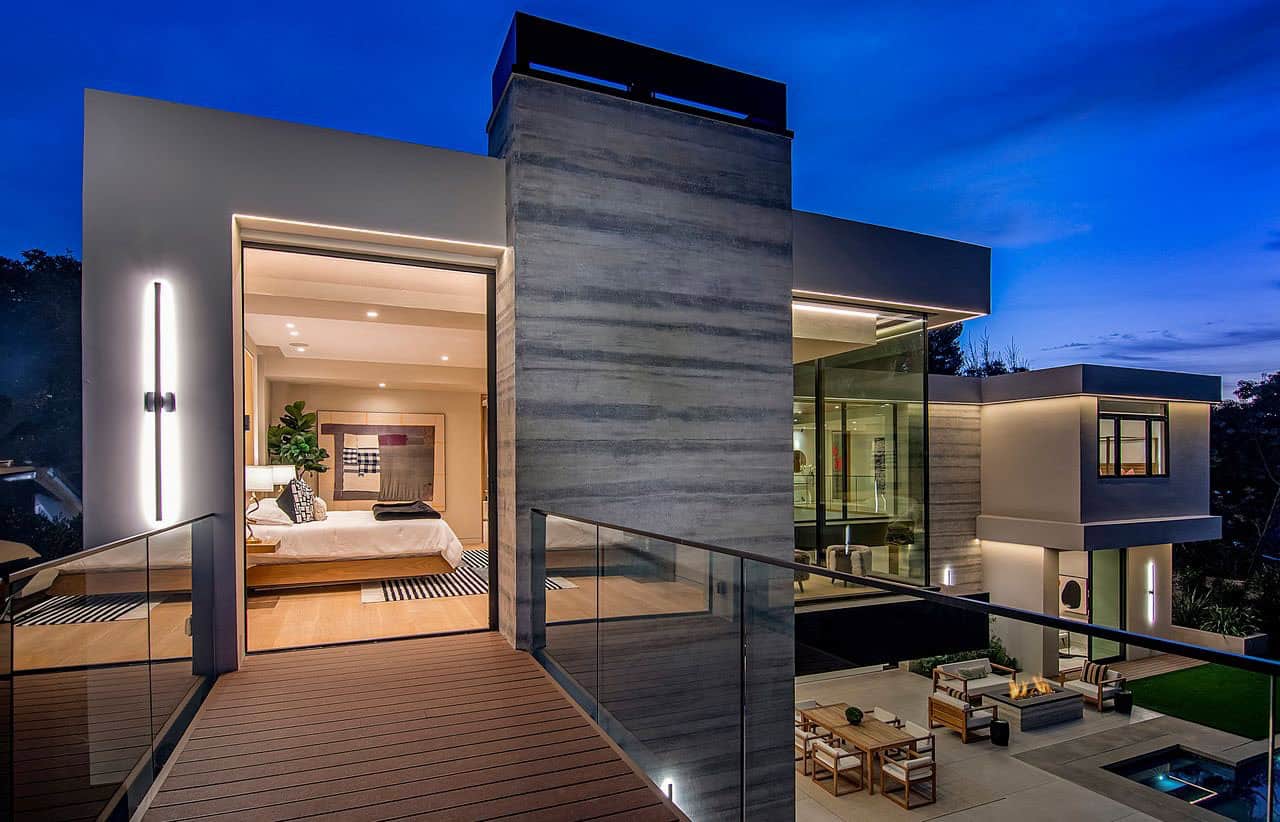 modern home exterior at dusk