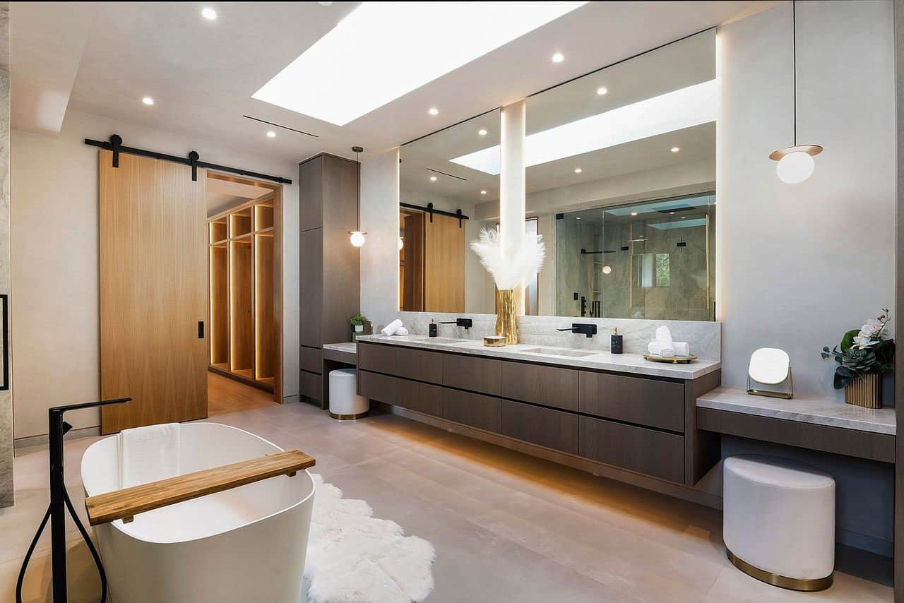 modern bathroom with a dual vanity